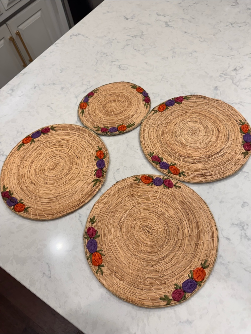 Vintage Woven Straw Raffia Floral Placemats Trivets Set of 4 Boho